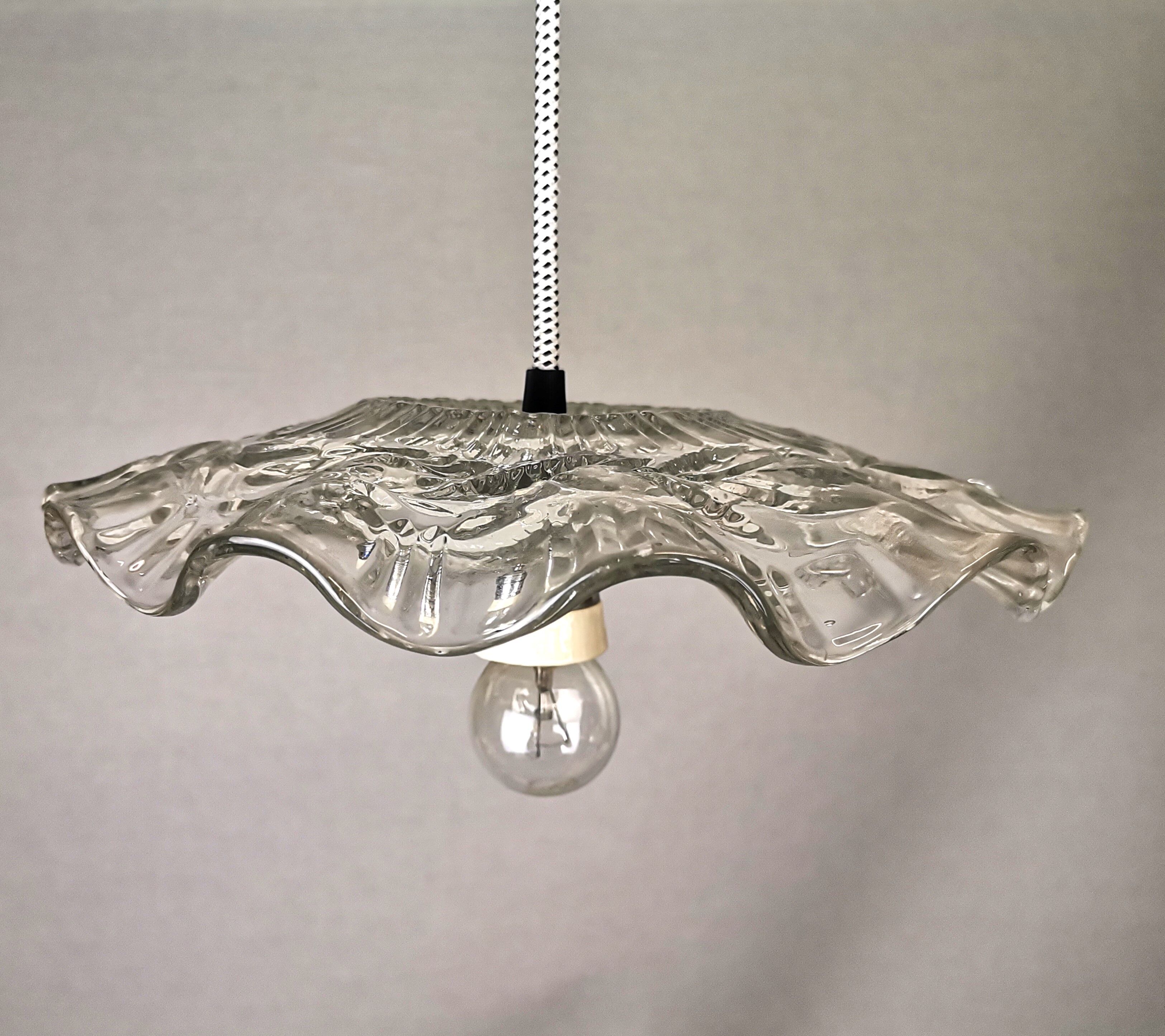 Portuguese farmhouse mid century clear floral glass dish pendant lamp 1960s
