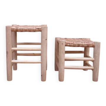 2 Tabouret en cuir et bois clair