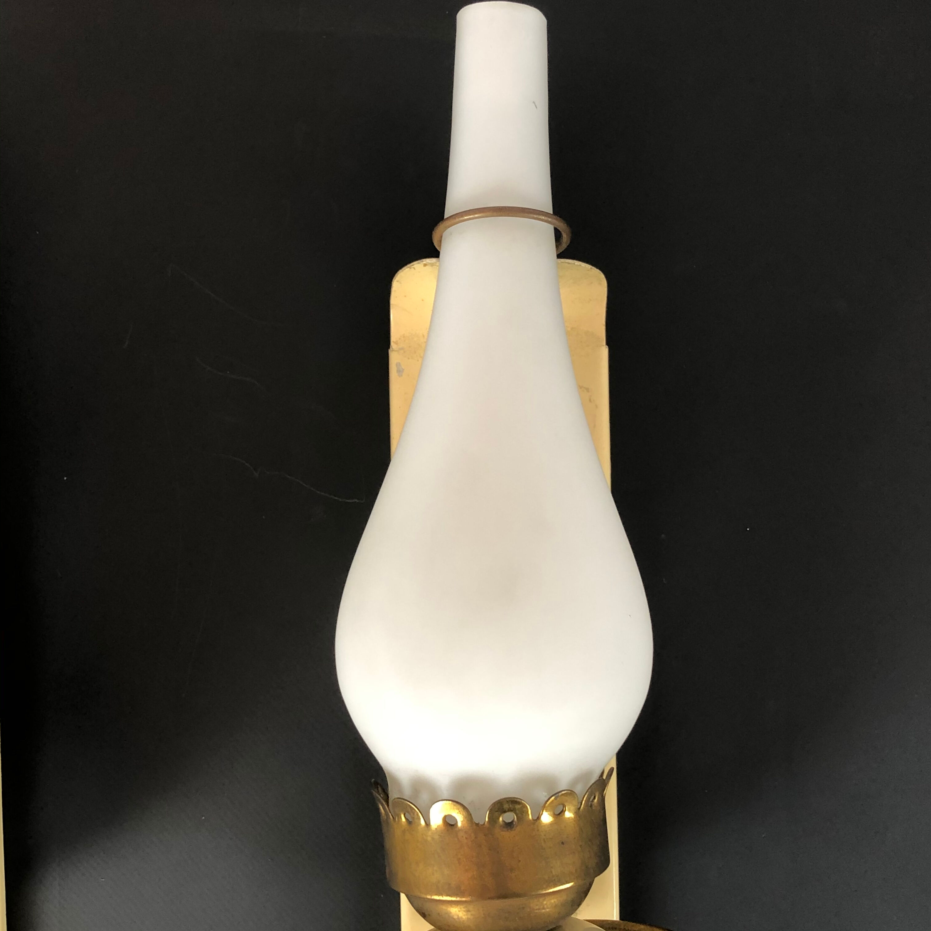 Vintage Italian brass, lacquer and opaline glass sconces from 50s. Set of two