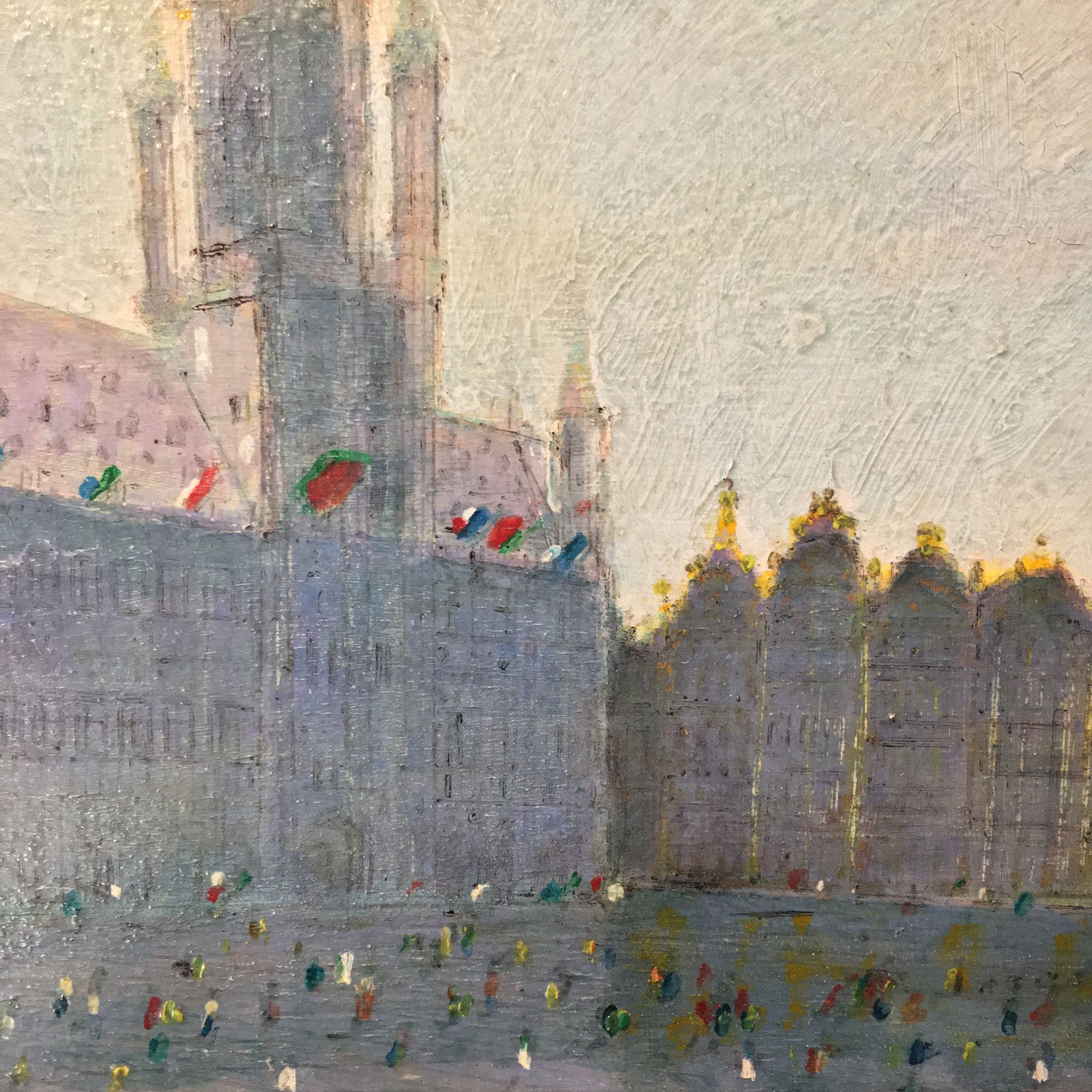 Painted in oil on panel depicting the Grand Place of Brussels in Belgium