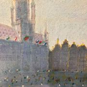 Painted in oil on panel depicting the Grand Place of Brussels in Belgium