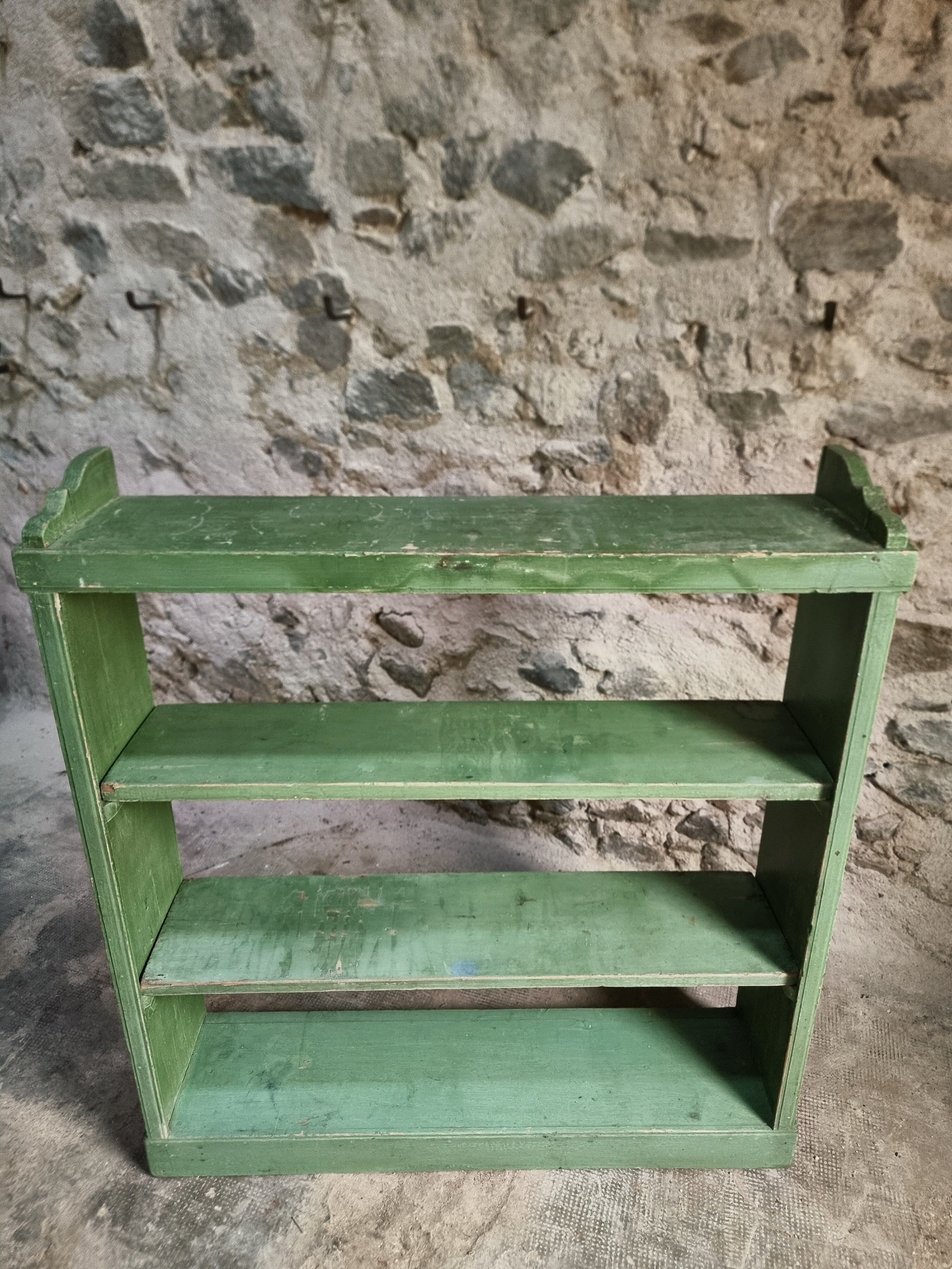 Vintage open pine shelf, original sage green paint, circa 1900–1930.