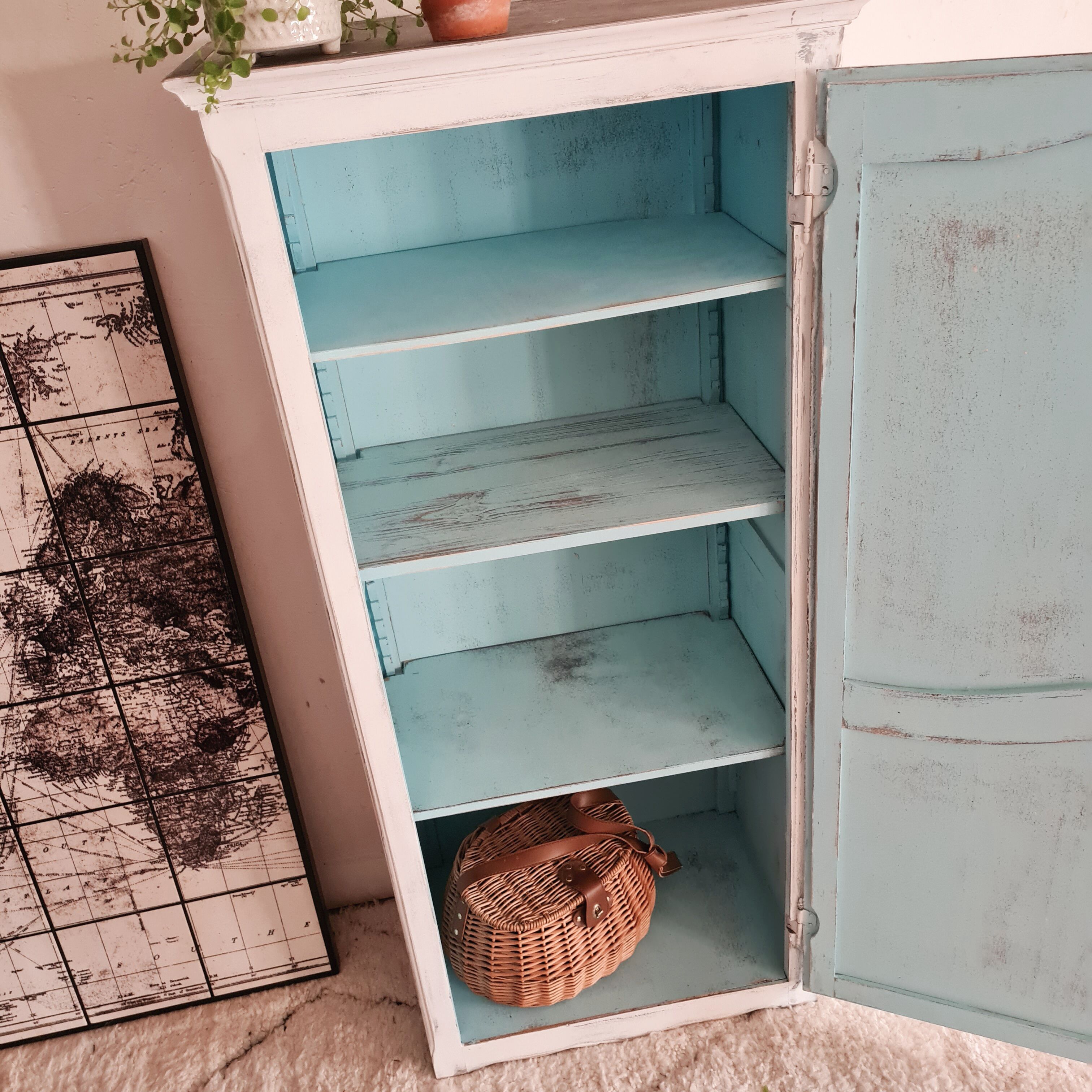 White hosiery cabinet renovated blue interior