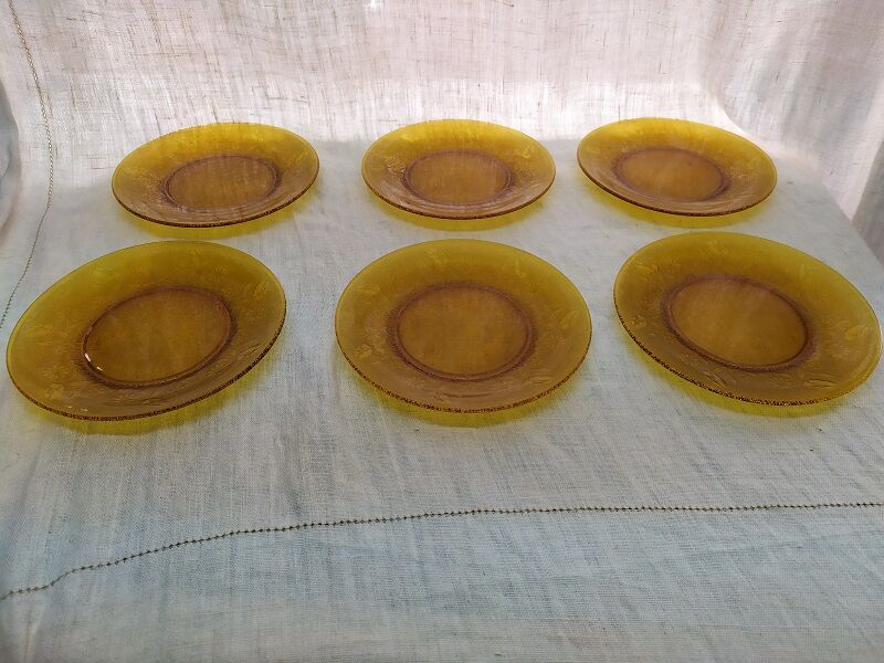 Dessert plates old amber flowers vintage lot of 6