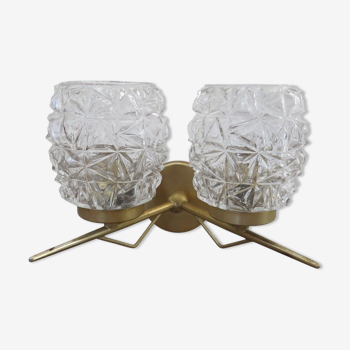 Applique double en métal doré et verre pointe de diamant années 50 60