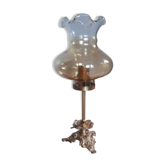 Table lamp amber flying tulip on brass foot, vintage