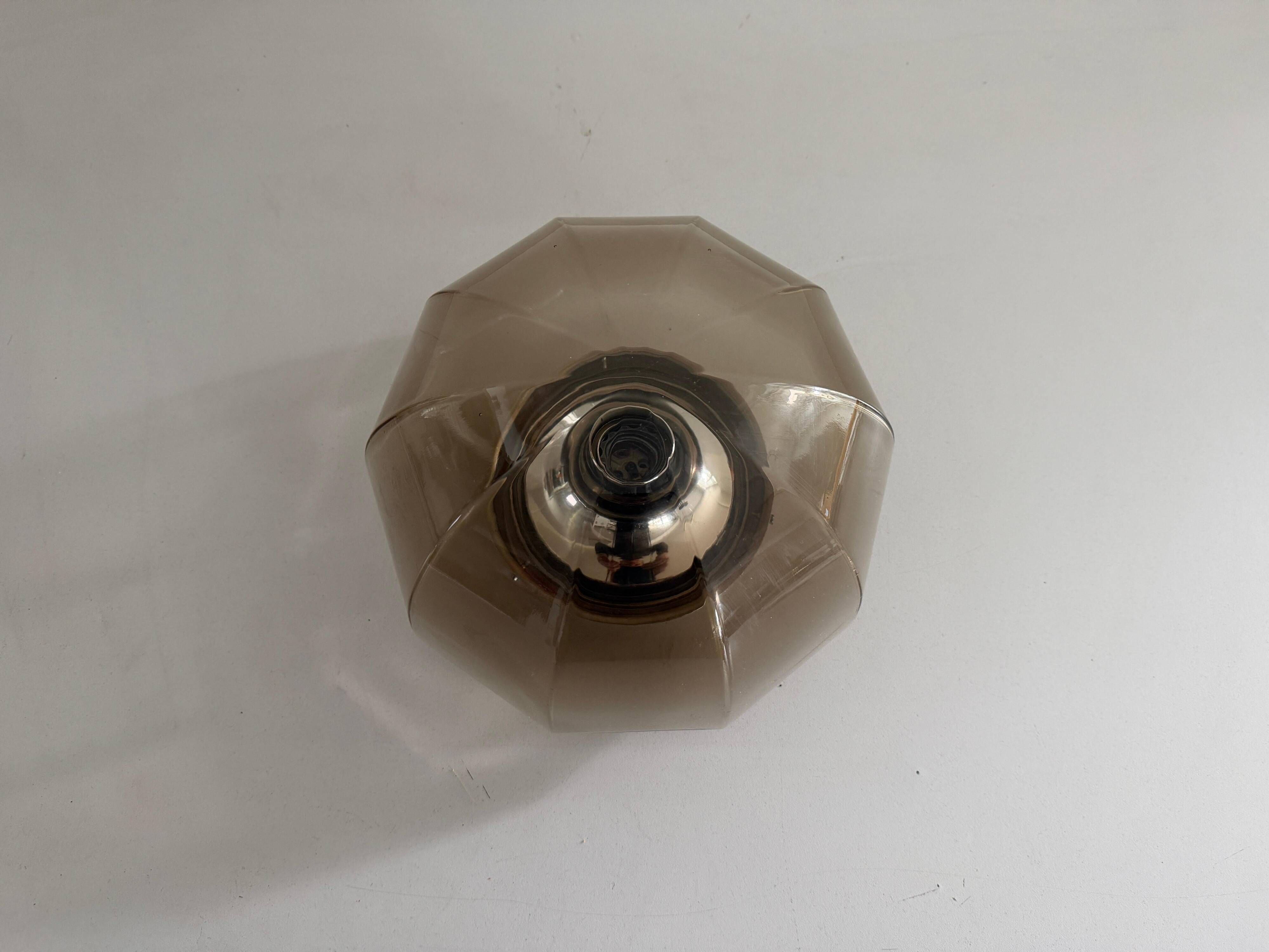 Flush-mounted brown glass fixture and metal base by N Leuchten, 1960s, Germany.