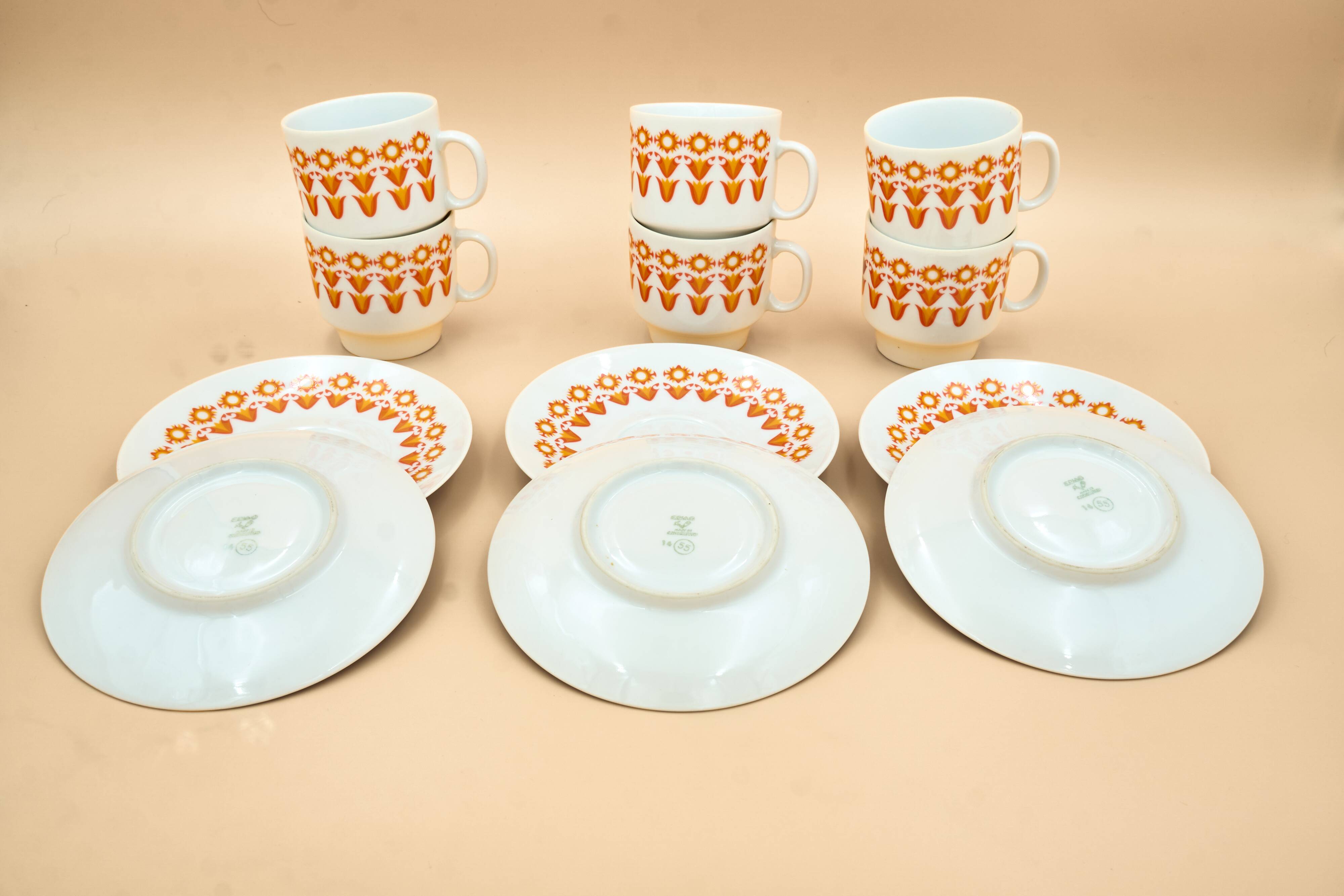 6 Midcentury Porcelain Coffee Cups & Saucers, EPIAG, Czechoslovakia