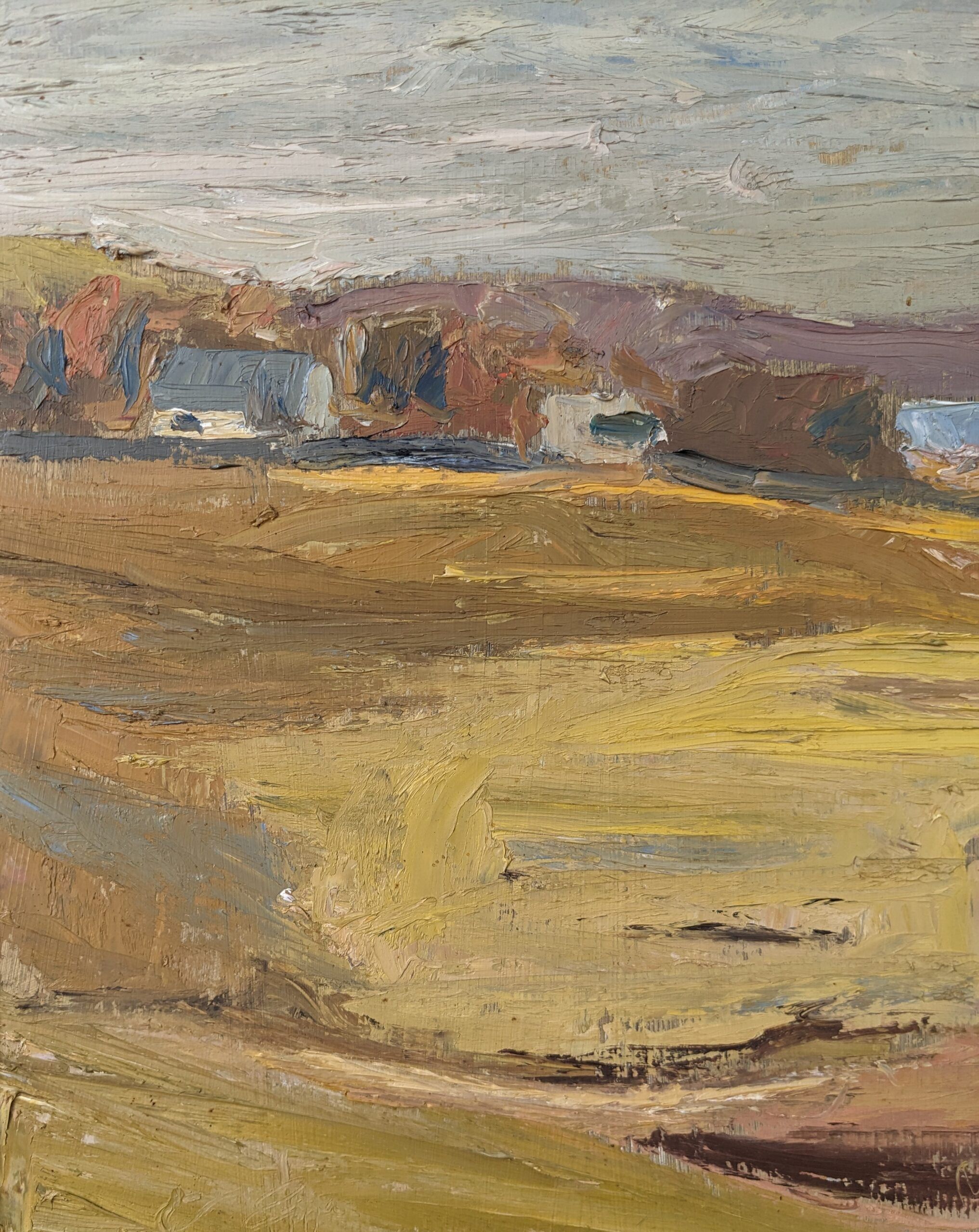 Peinture à l’huile de paysage vintage suédoise moderne « Golden Meadows » du milieu du siècle, encadrée