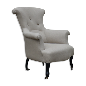 Fauteuil bergère capitonné Napoléon III retapissé en lin