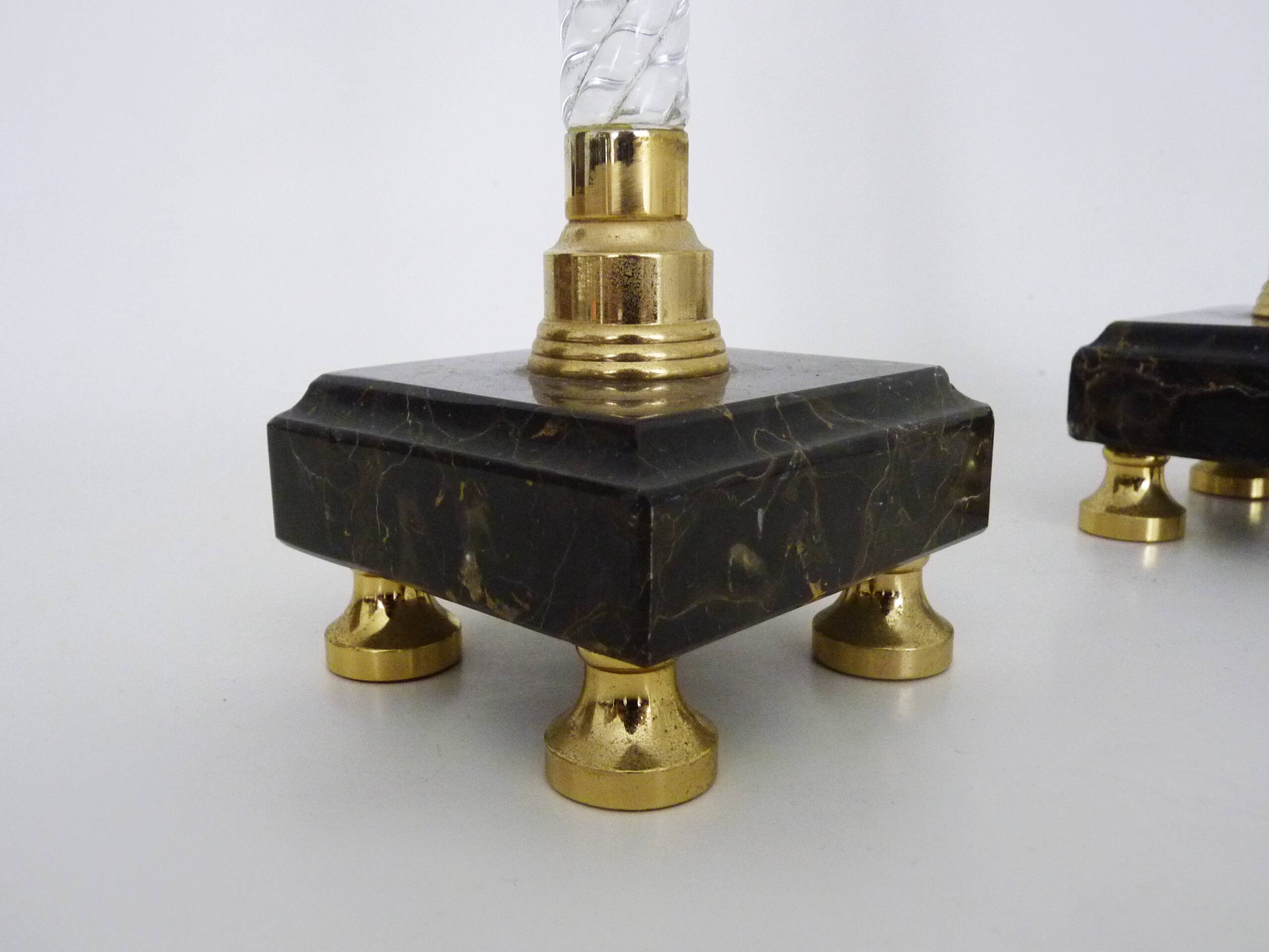 Pair of large candlesticks, Restoration style in brass, black marble, glass. 19th century