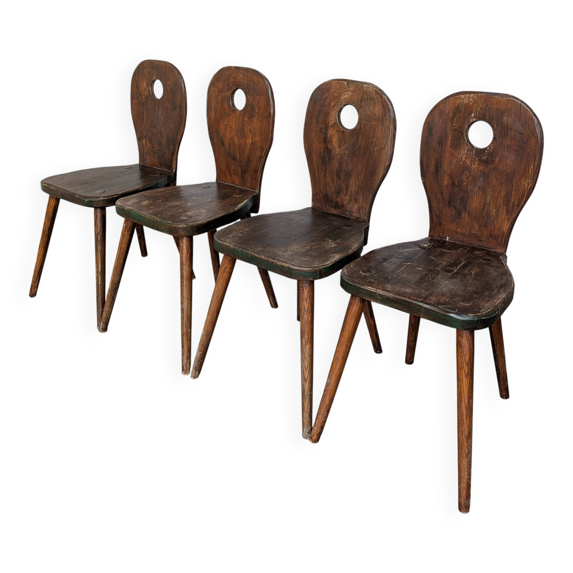 Set of 4 Vintage Brutalist Wooden Chair / Rustic Farmhouse Dining Chair