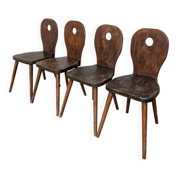 Set of 4 Vintage Brutalist Wooden Chair / Rustic Farmhouse Dining Chair