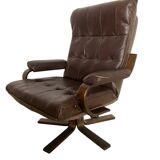 Scandinavian tilting and swivel armchair in curved wood and leather
