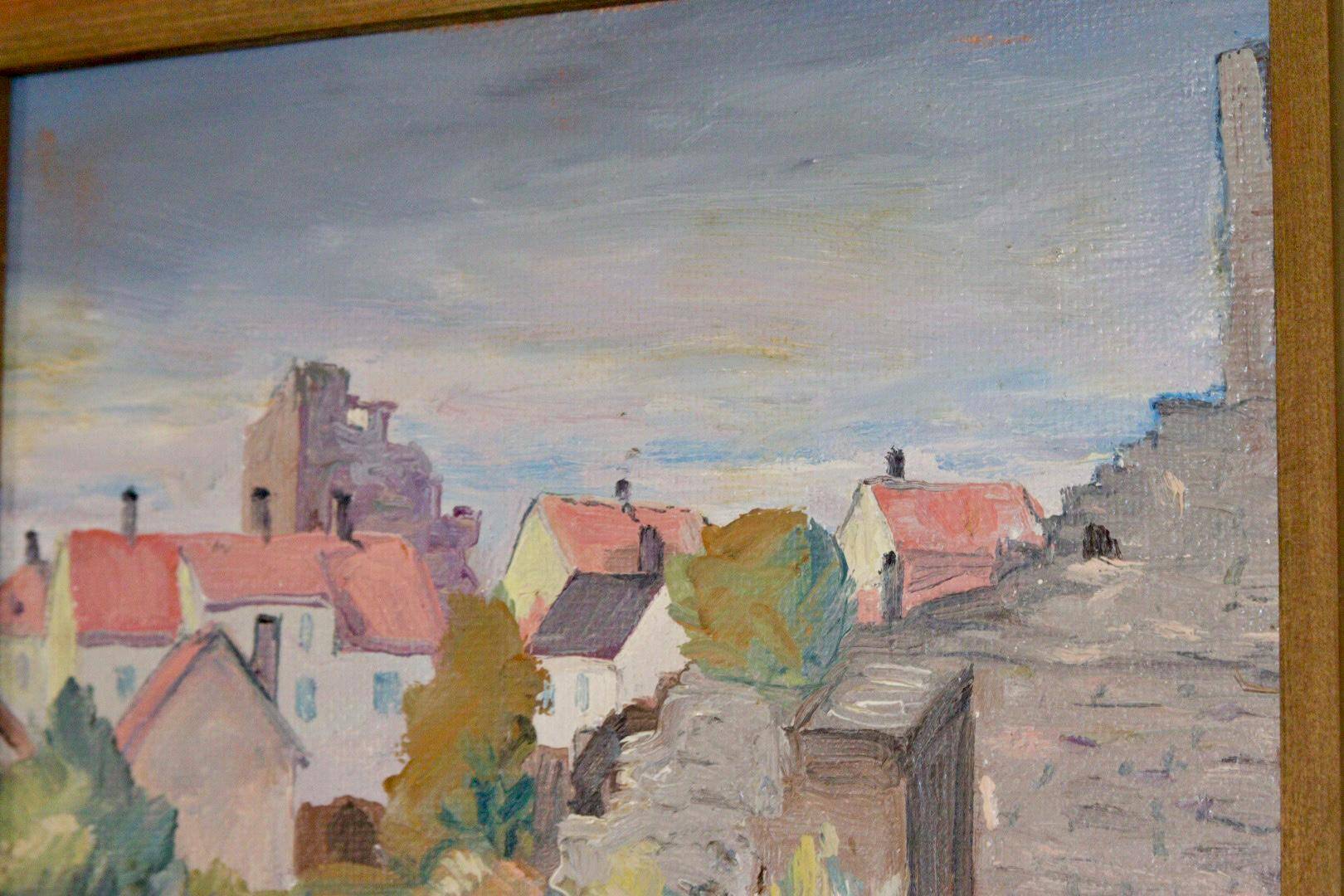 Huile sur panneau suédoise originale du milieu du siècle « Visby City » par ER.OLSSON