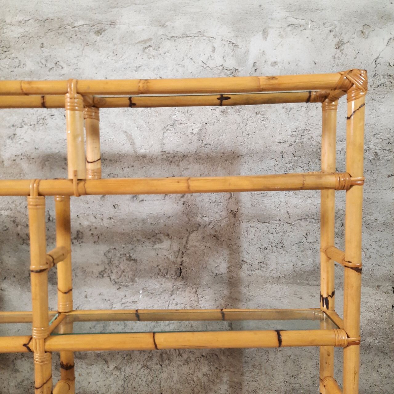 Bookcase, vintage bamboo shelf with glass shelves