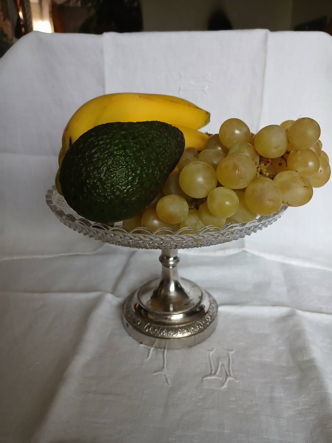 Antique glass and metal fruit bowl