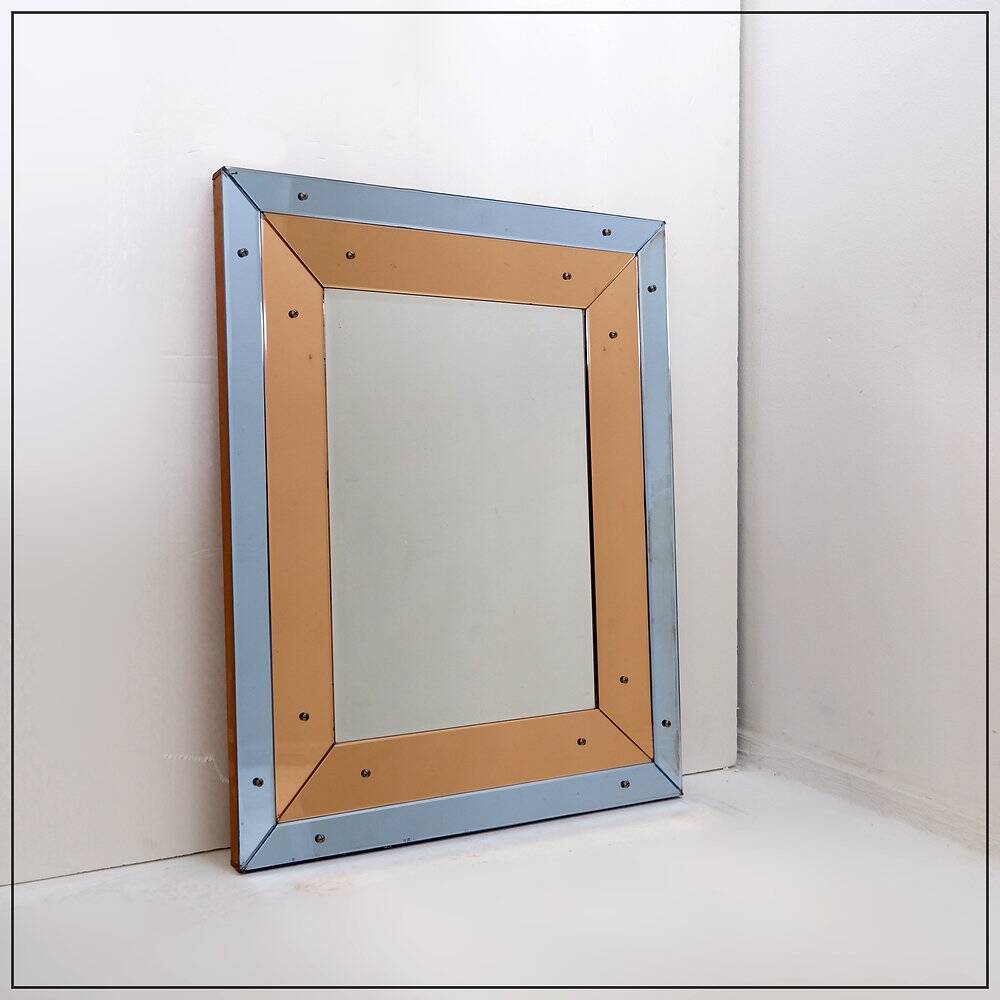 Bevelled wall mirror with blue and copper mirror panels - Italy 1930s