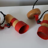 Pair of wall lamps wood and red metal