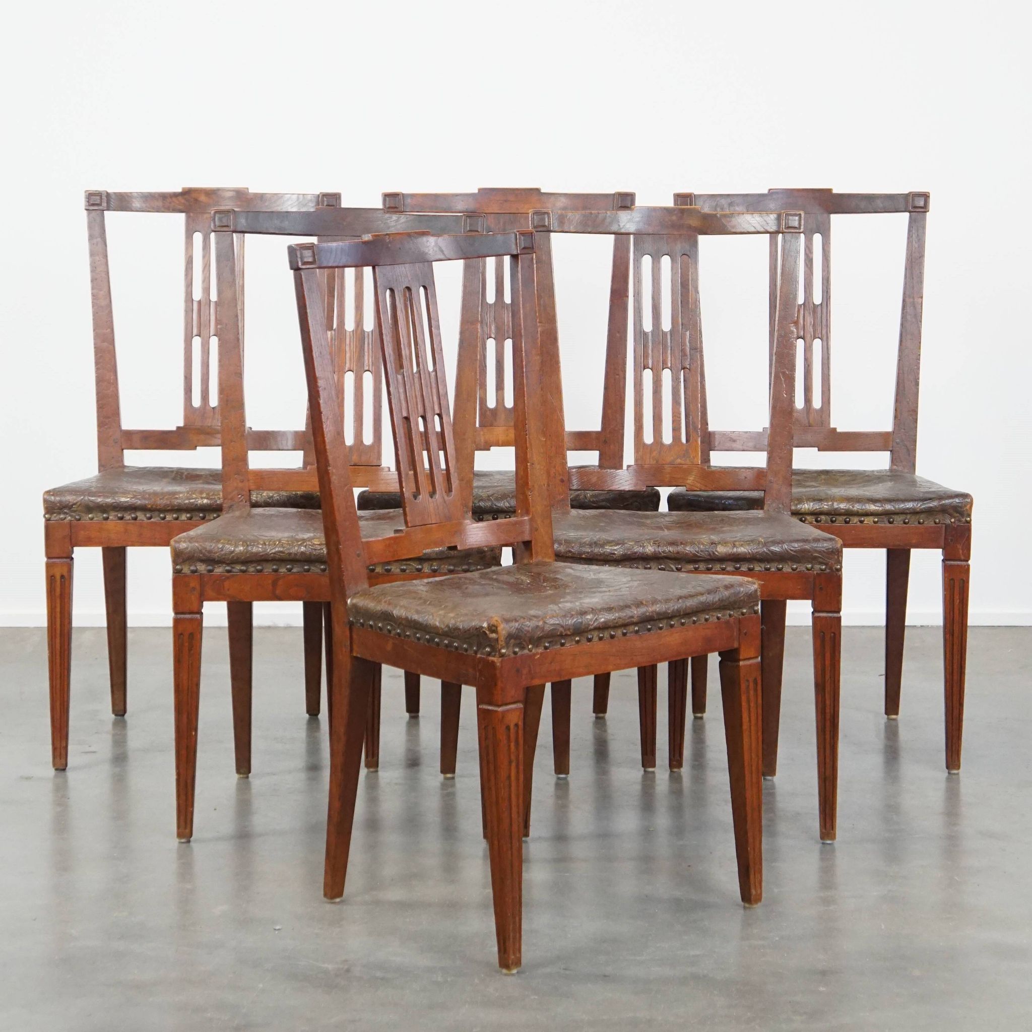 Set of 6 Original Antique Dutch Leather Dining Chairs