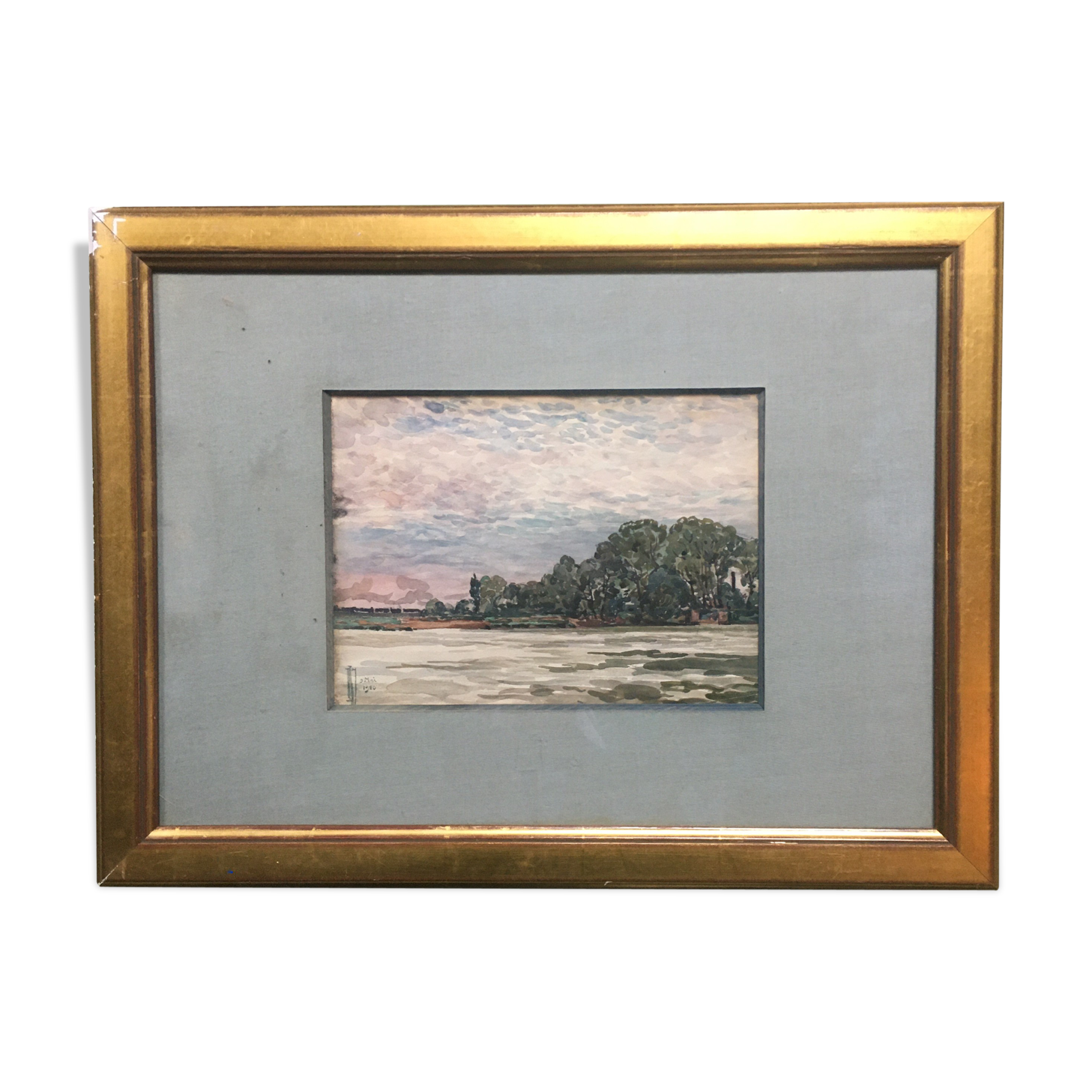 Watercolor signed and dated Donatien Roy representing Saint Sebastian on Loire