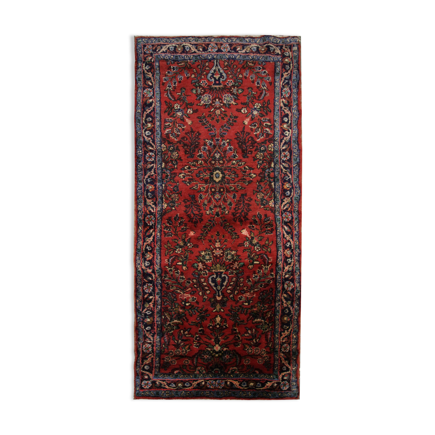 Vintage hamadan runner rug traditional long red wool carpet- 105x250cm