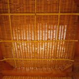 Pair of Club armchairs in ocean liner style, woven rattan and solid wood.