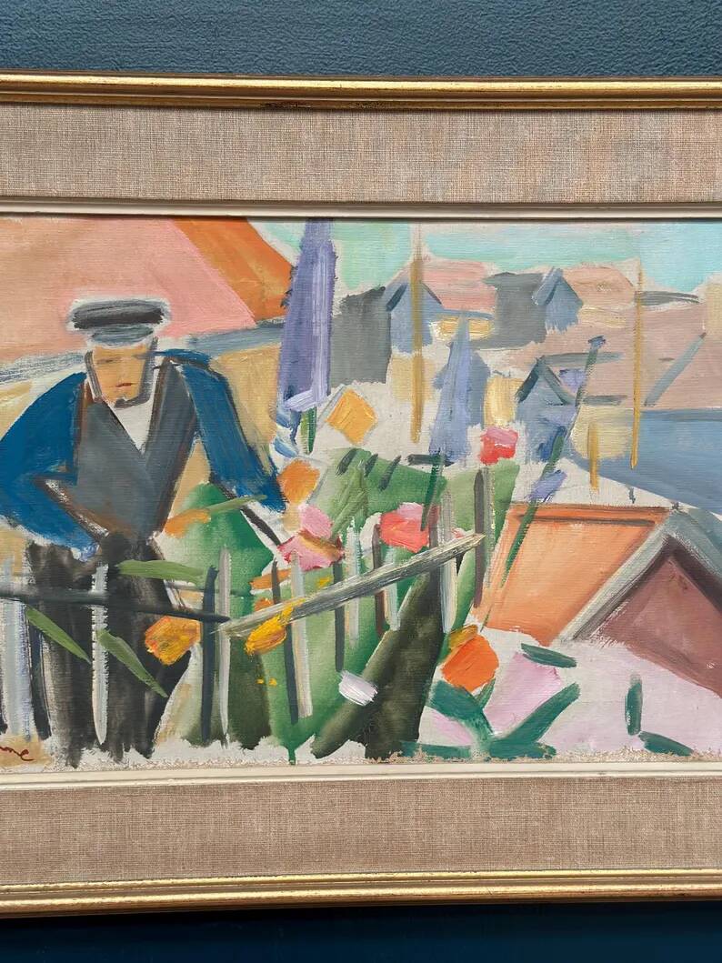 Swedish Original Oil on Canvas – "Figure Near a Flower Fence" by Carl Gunne – Signed – Vintage and Framed – 69.5 × 48 cm (27.4" × 18.9")