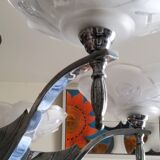 Art deco chandelier in chromed metal and glass 6 arms of lights