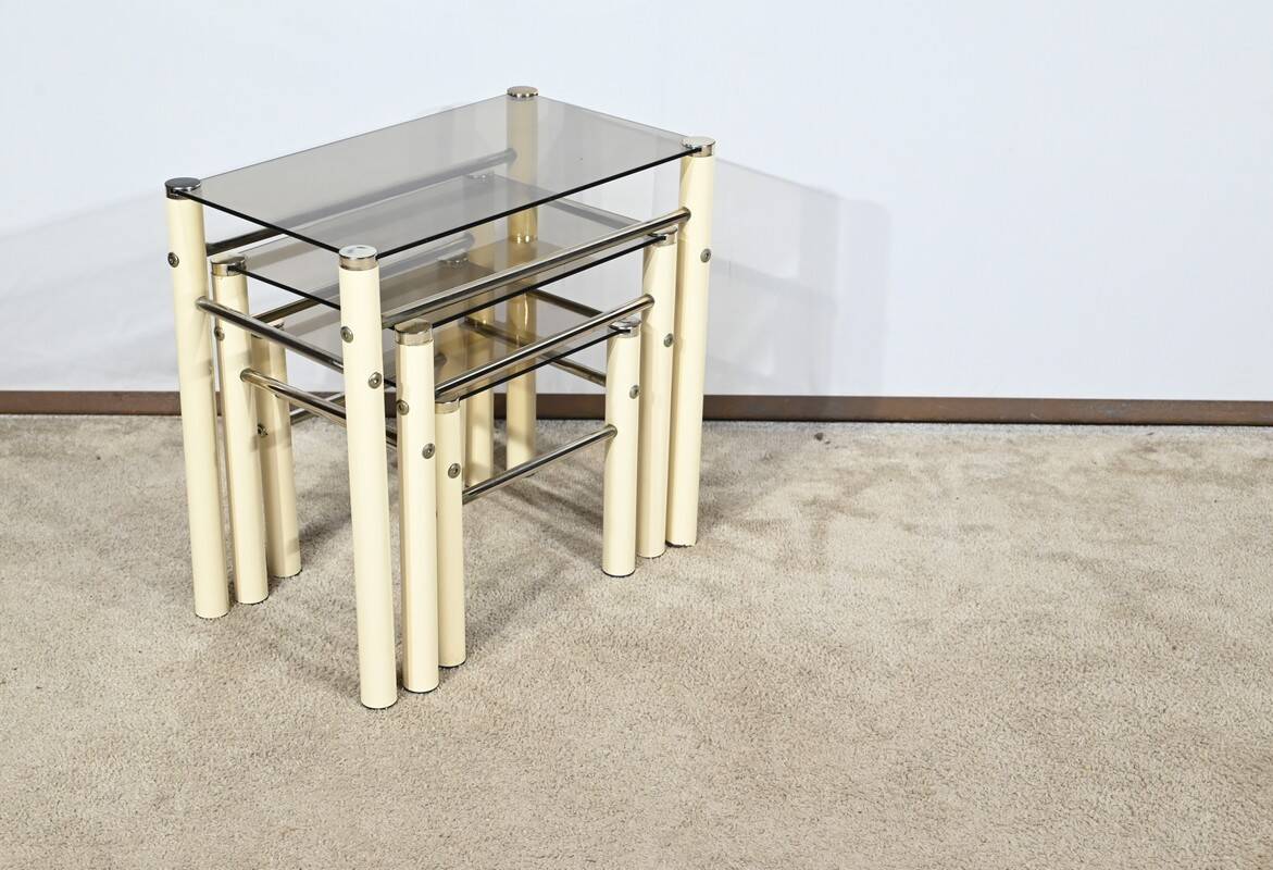 Tables Gigognes en Métal Beige, attribuées à Yves Boutboul – 1970