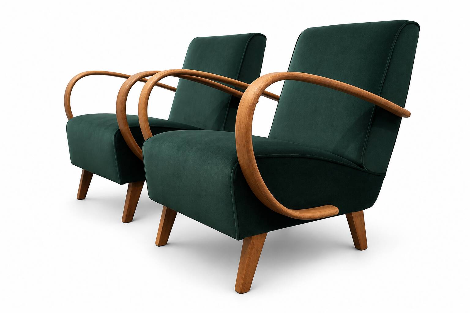 Fauteuil en bois courbé Jindrich Halabala de 1930 en velours vert émeraude
