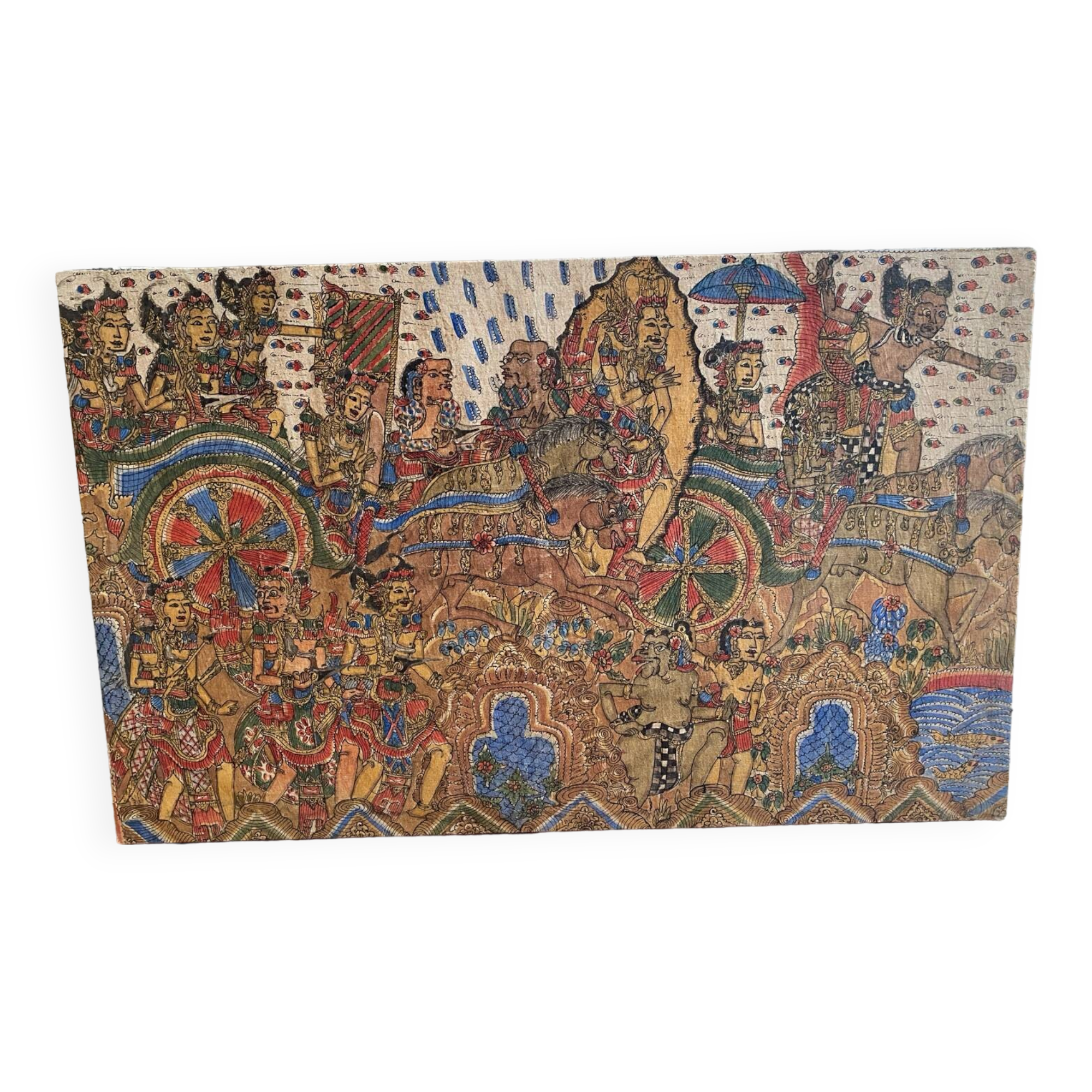 Ancien kamasan textile peint main bali mythologie guerre vintage