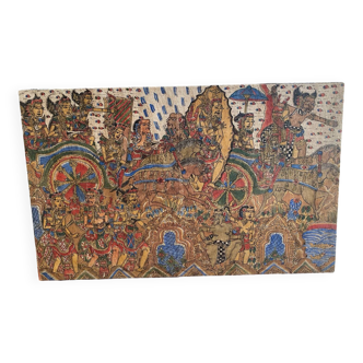 Ancien kamasan textile peint main bali mythologie guerre vintage