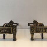 Paire de chenets d'époque Empire en bronze représentant des lions allongés