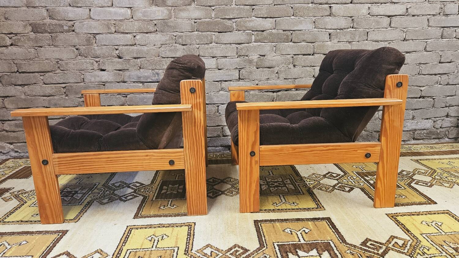 Pair of Yngve Ekström pine armchairs, 1970s