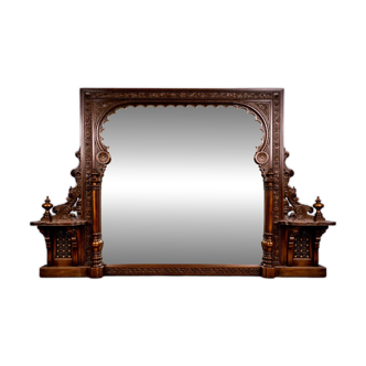 Monumental antique mirror in carved wood – Orientalist / Moorish style – late 19th century