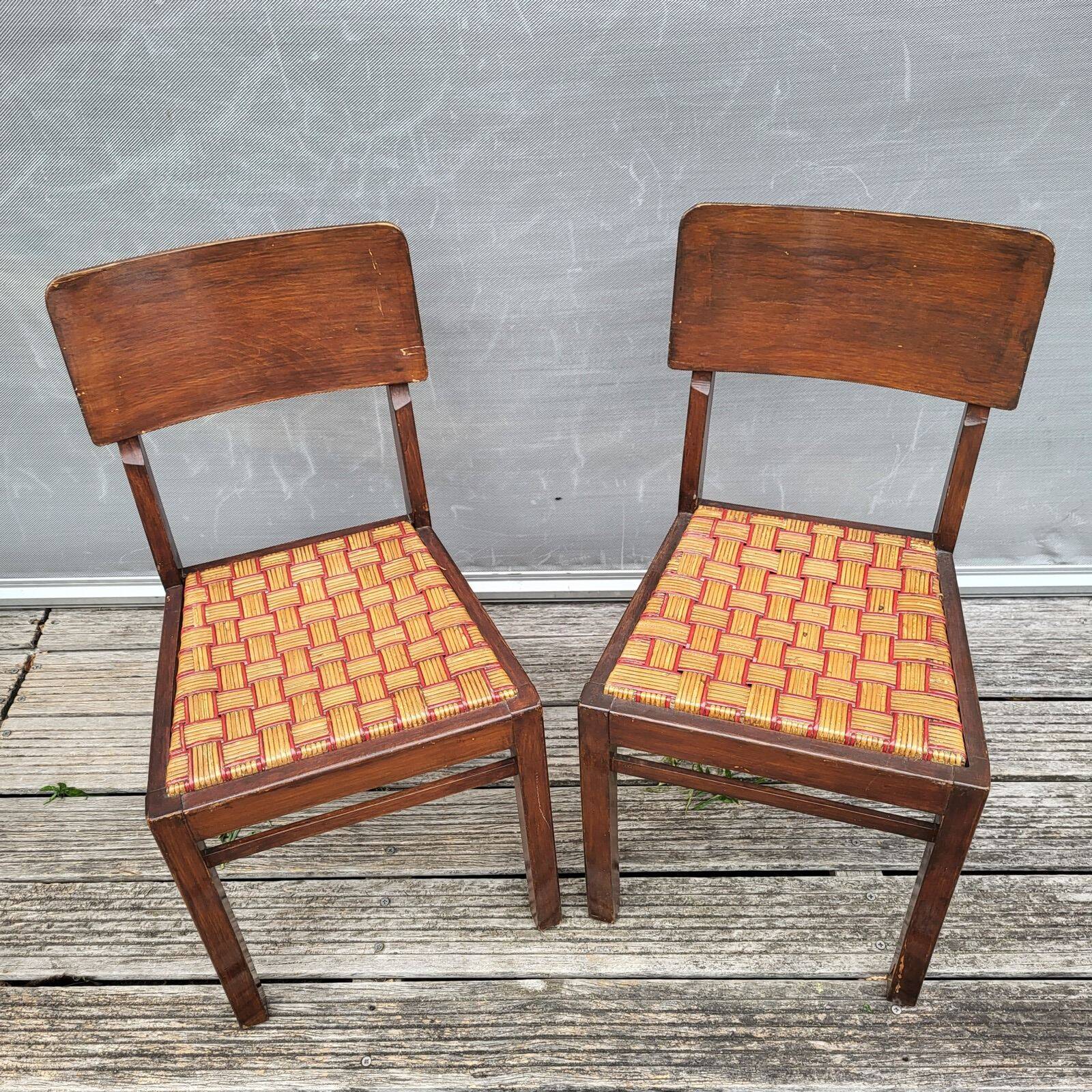 Set de 2 chaises bistrot 1950 bois et rotin