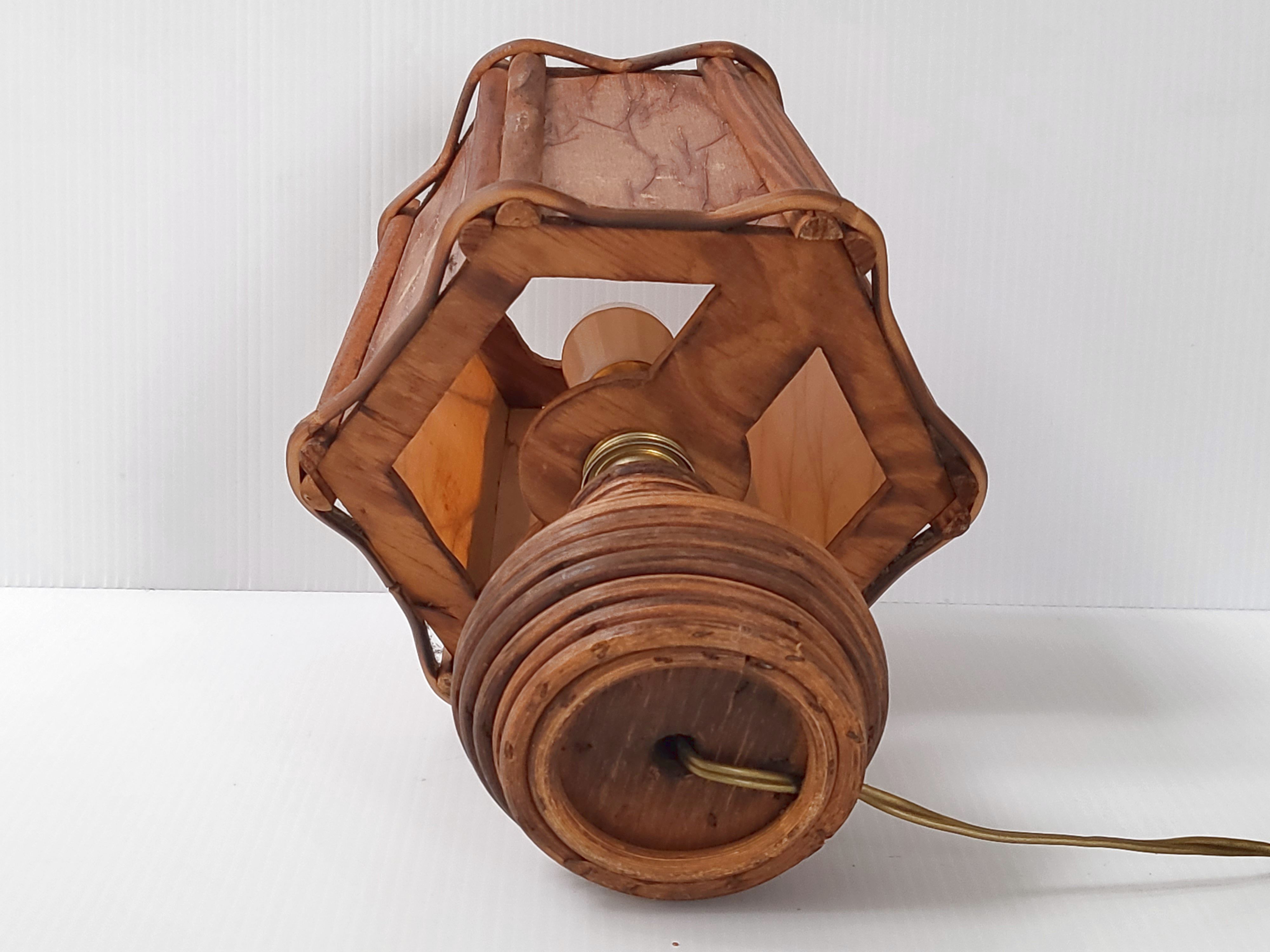 Lampe vintage 1960 bois & rotin