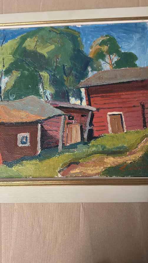 Original Swedish Oil On Canvas – “Red Barns” By L. Wuariner – Vintage & Framed