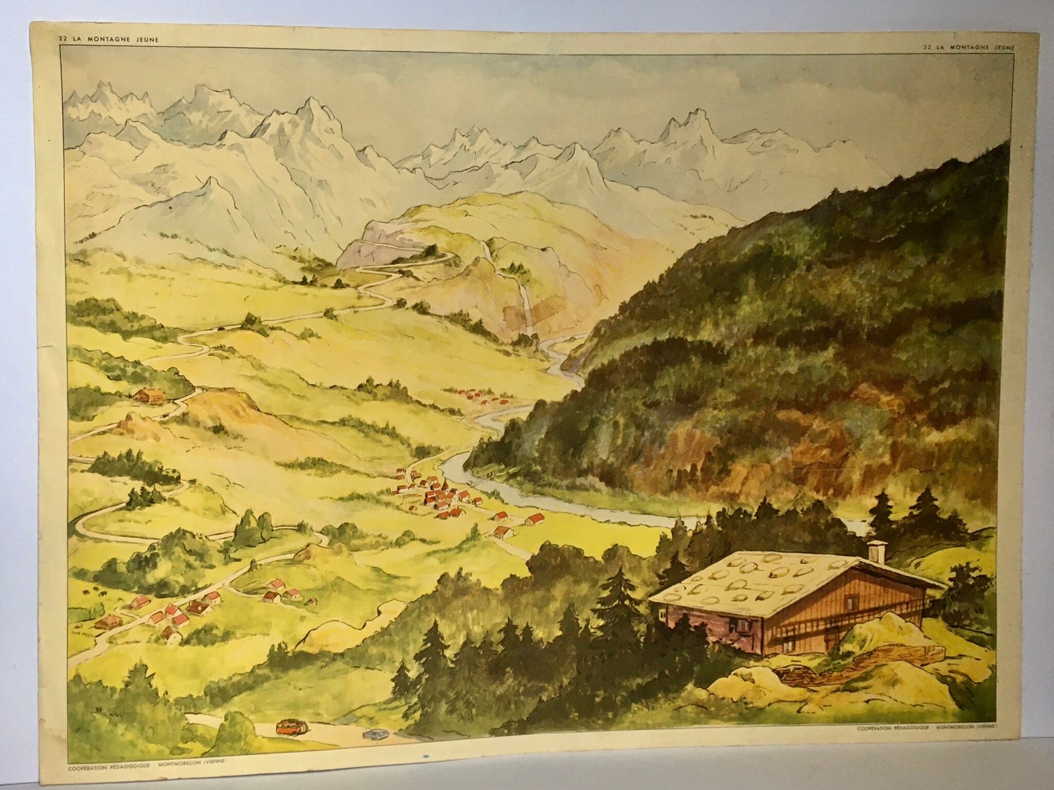 School poster vintage school landscape mountain two-sided signed Raylambert for Rossignol 50s