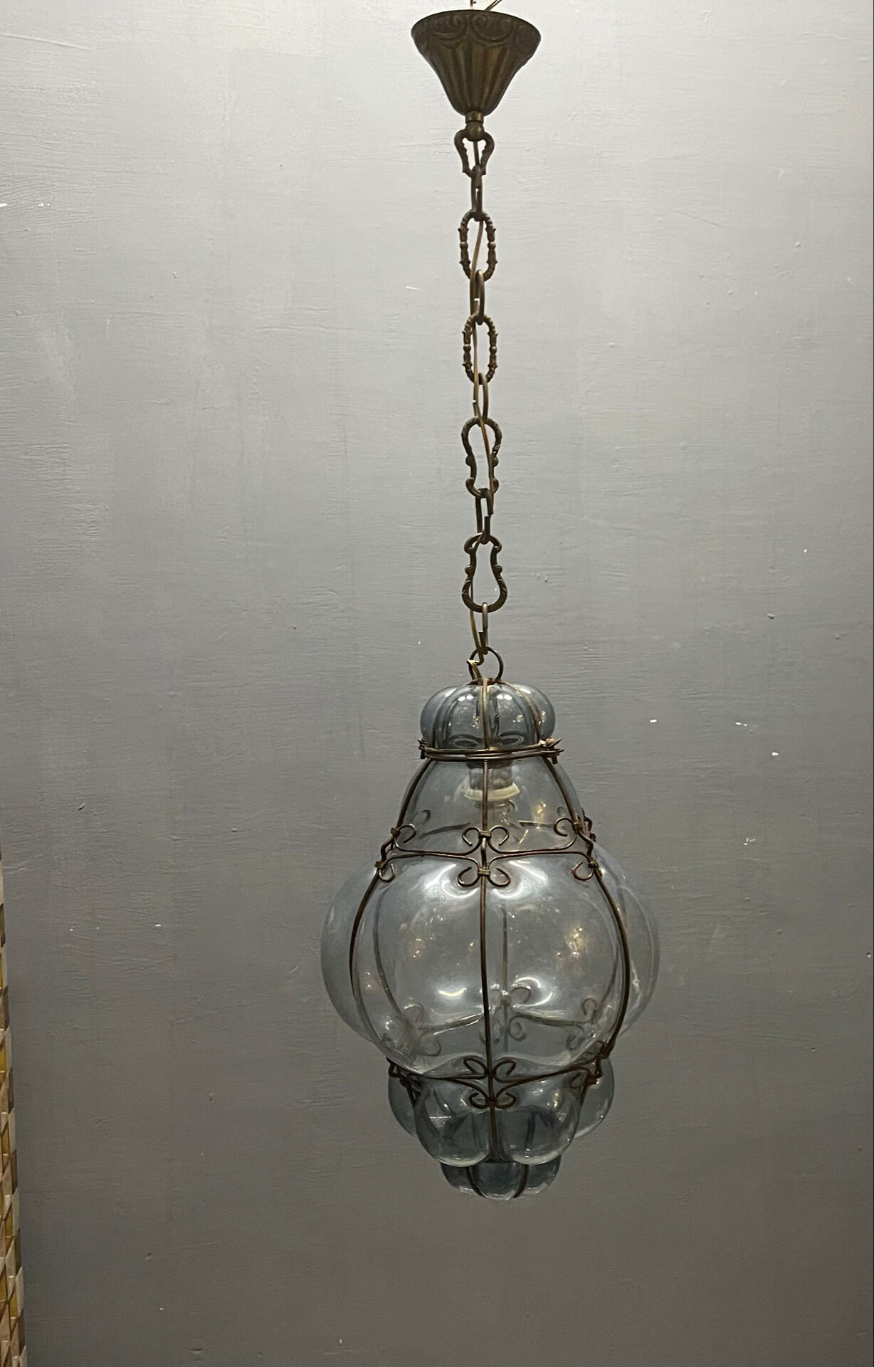Wrought Iron Tinted Blue Murano Glass Light Pendant 1960’s