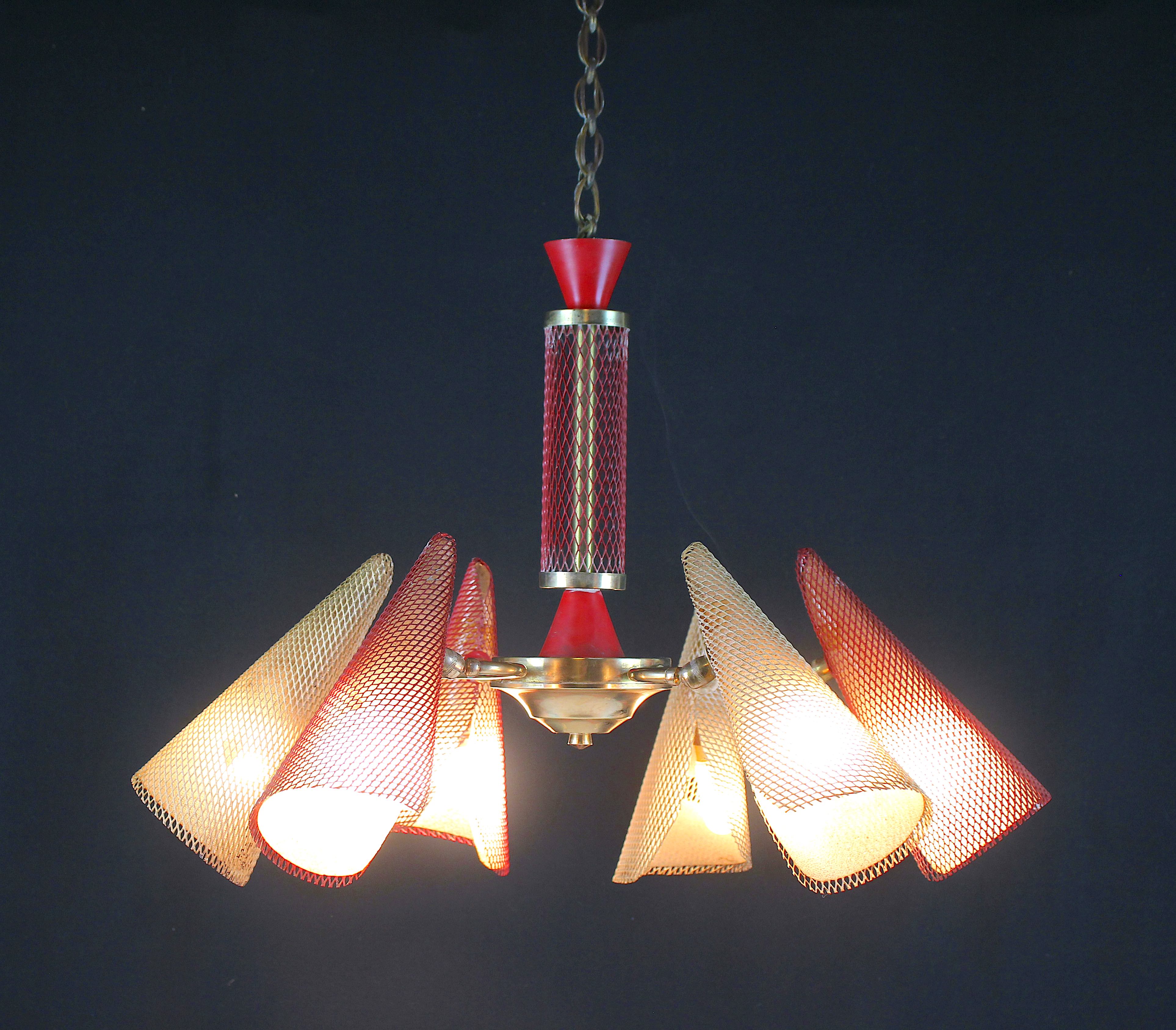 Bi-color chandelier, perforated metal, France Mid-Century