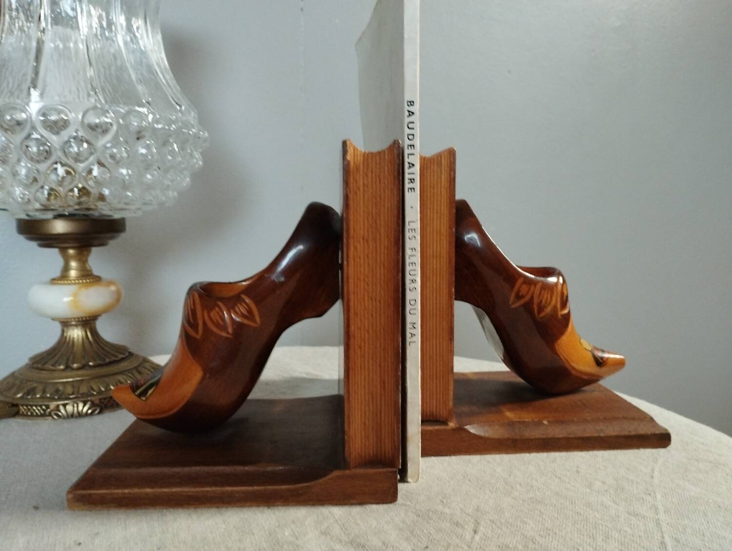 Wooden bookends with clog decoration, Breton craftsmanship, circa 1970