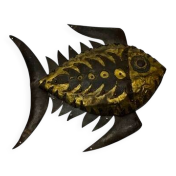Wall sculpture fish golden metal and riveted iron brutalist art