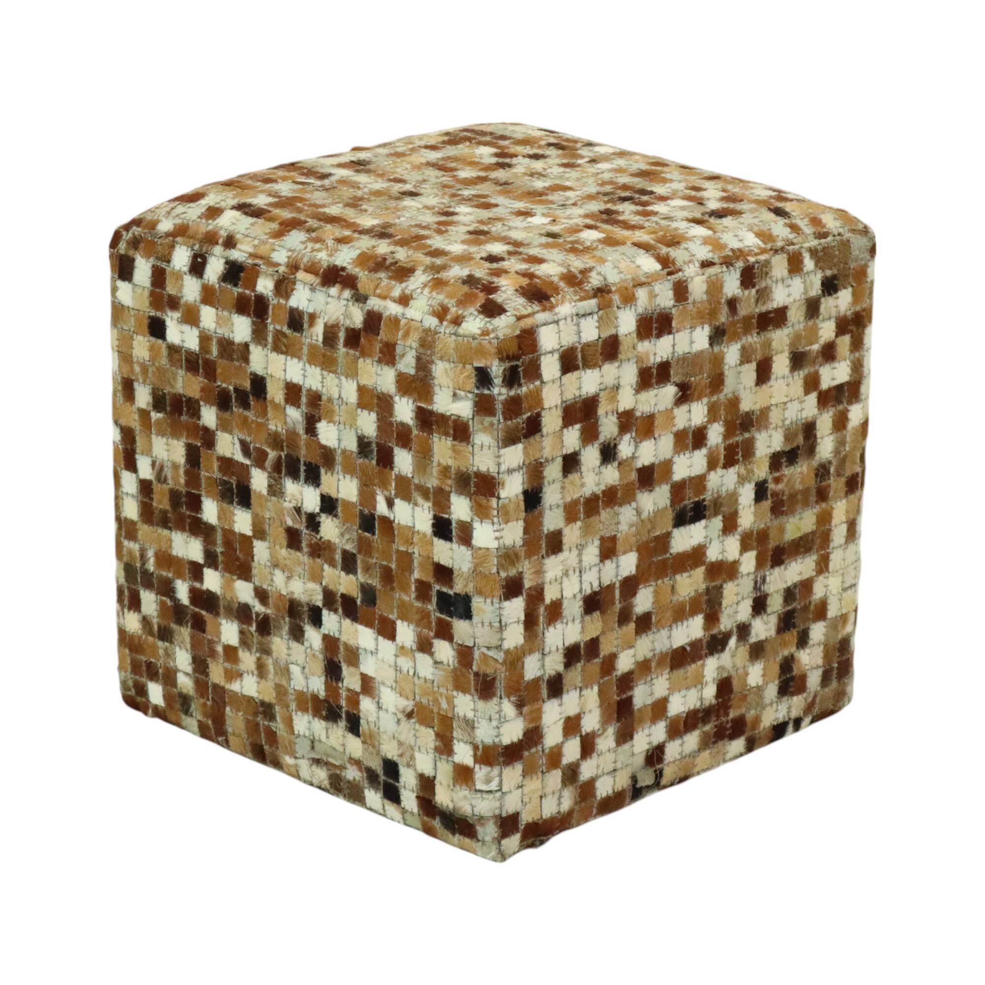 Vintage Square Pouf Goat Leather Patchwork Mosaic Pattern