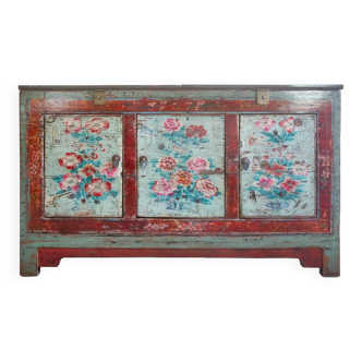 Buffet bohème en bois laqué de tons rouge et bleu 141cm (C64.062)