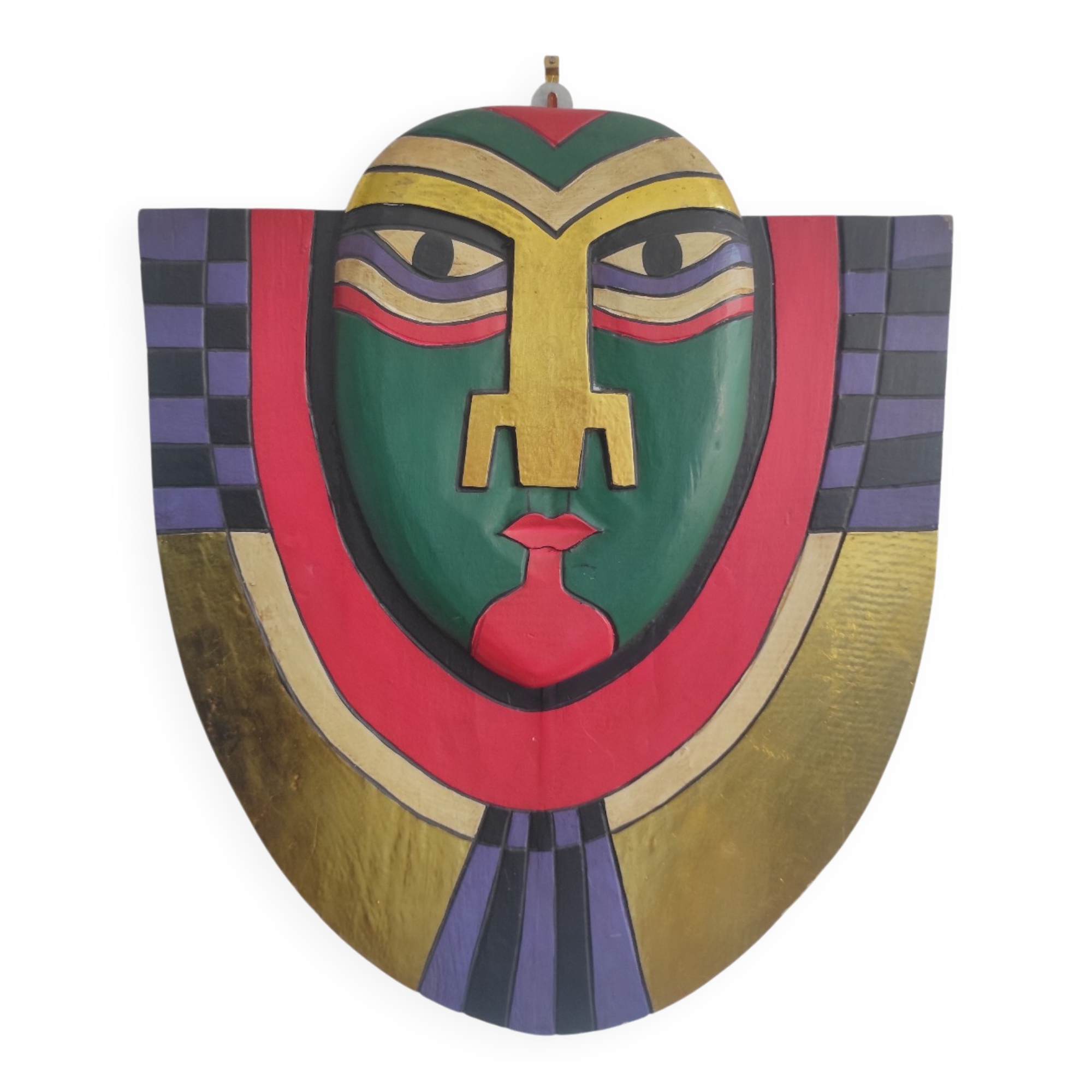Handcrafted decorative wall mask made of painted wood.