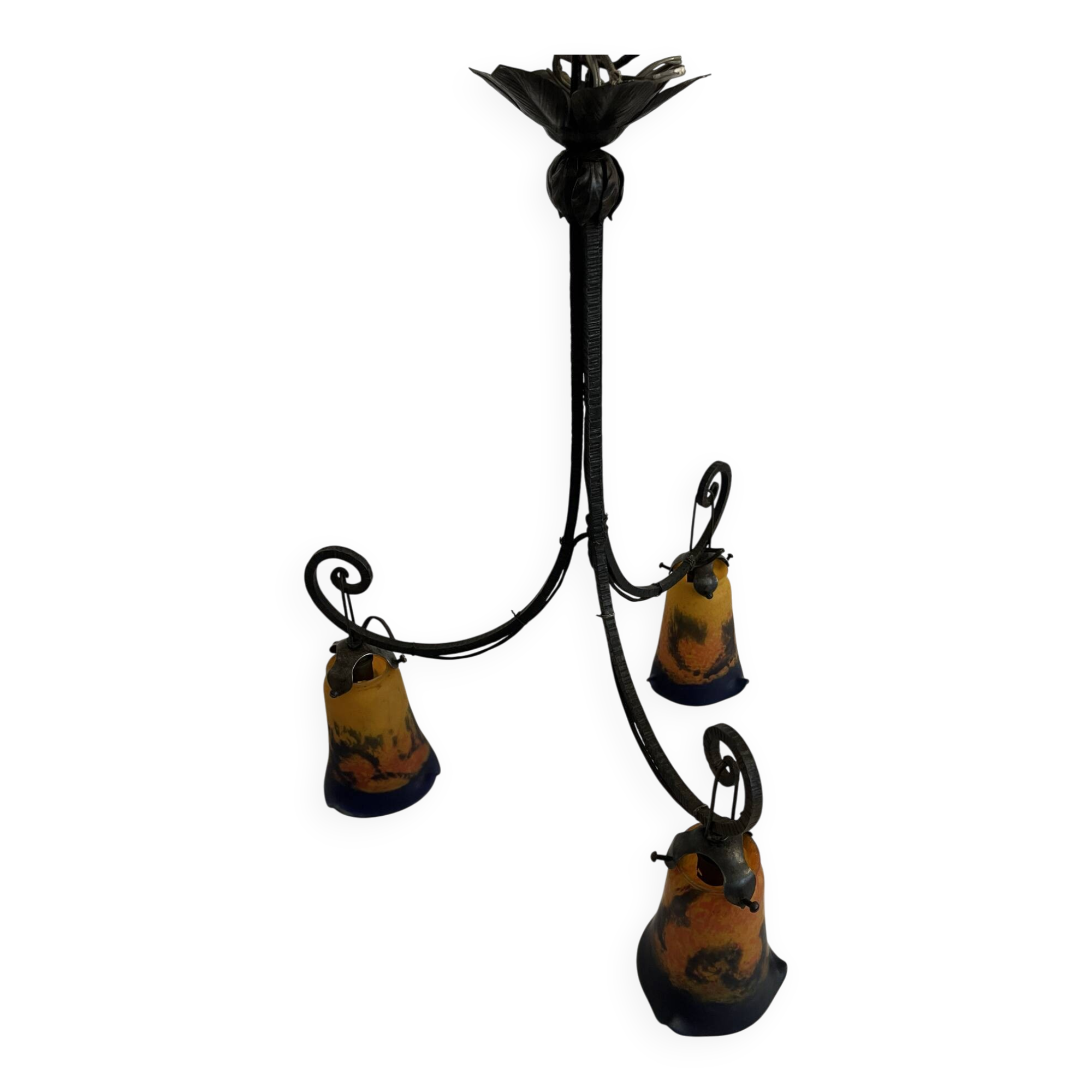 Art deco chandelier signed noverdy france - wrought iron and marbled glass