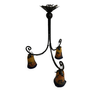 Art deco chandelier signed noverdy france - wrought iron and marbled glass