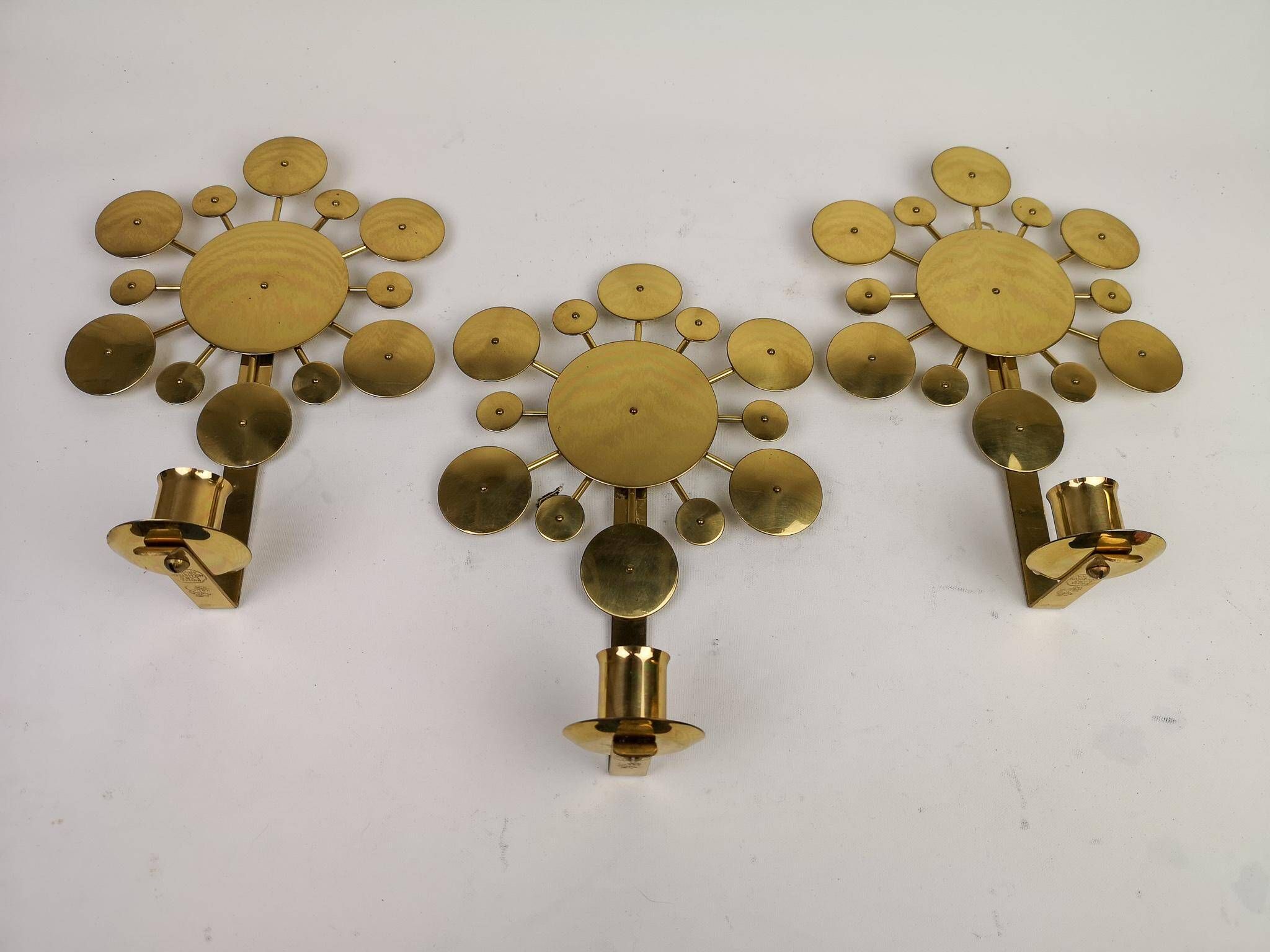 Set of 3 Wall Candle Holders in Brass "Sunburst" Holmström, Arvika, Sweden, 1960s